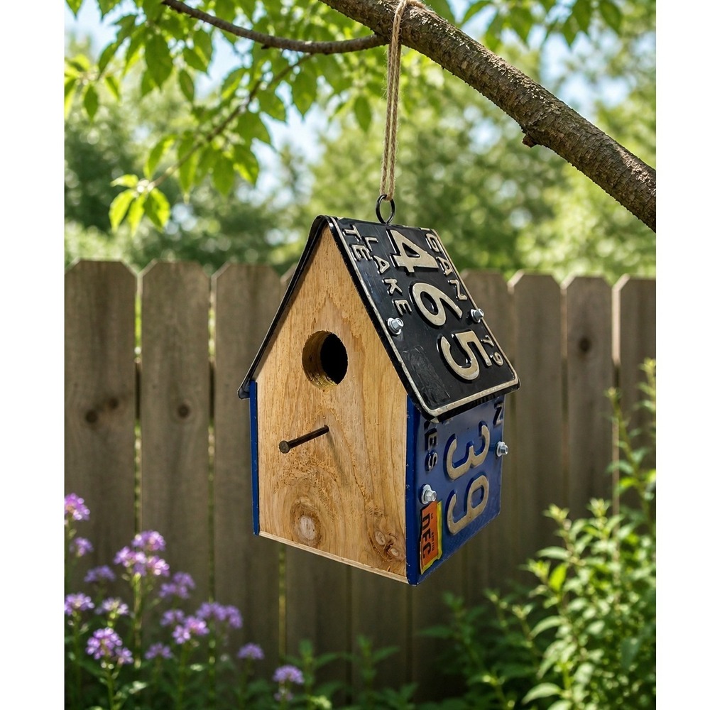 Handmade Vintage Michigan‎ License Plate Birdhouse Cedar Wood Rustic Garden 1979